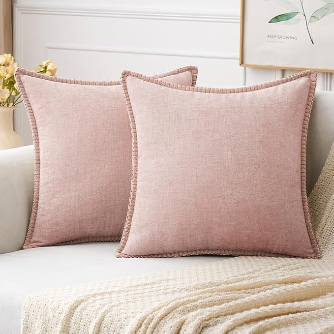 MIULEE Pack of 2 Couch Throw Pillow Covers 18x18 Inch Pink Valentine Farmhouse Decorative Pillow Covers with Stitched Edge Soft Chenille Solid Dyed Spring Pillow Covers for Sofa Bed Living Room-Ruum Studio Home