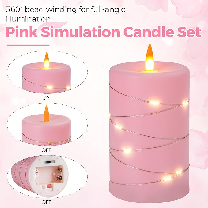 Rose Pink Flameless Candles with String Lights Battery Operated Flickering LED Pillar Candles 4‘’ 5‘’ 6‘’ Candle with Remote Control, Set of 3-Ruum Studio Home