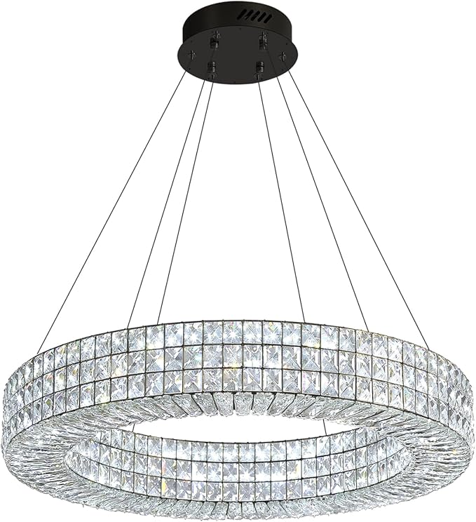 Dia 24" Modern Crystal Chandelier Black Ring Chandelier Adjustable Height Luxury Crystal Pendant Ceiling Light Fixture for Dining Living Room Bedroom-Ruum Studio Home