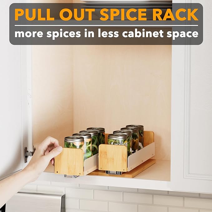 SpaceAid Bamboo Pull Out Spice Rack Organizer for Cabinet, Heavy Duty Slide Out Seasoning Kitchen Pantry Sliding Vertical Organization, 7.3" Wide, 2 Drawers(3" Wide), 1-Tier, Natural-Ruum Studio Home