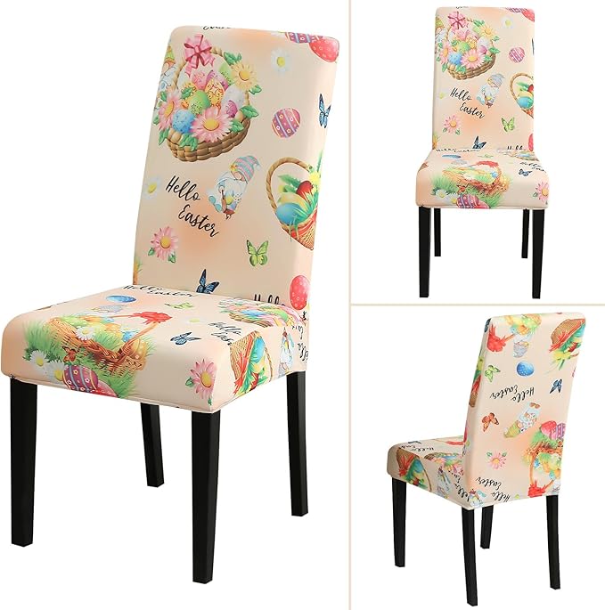 JQinHome Easter Chair Covers Set of 6,High Stretch Removable Washable Chair Seat Protector Cover for Easter Decoration-Easter Theme Decor with Easter Egg Basket-Ruum Studio Home