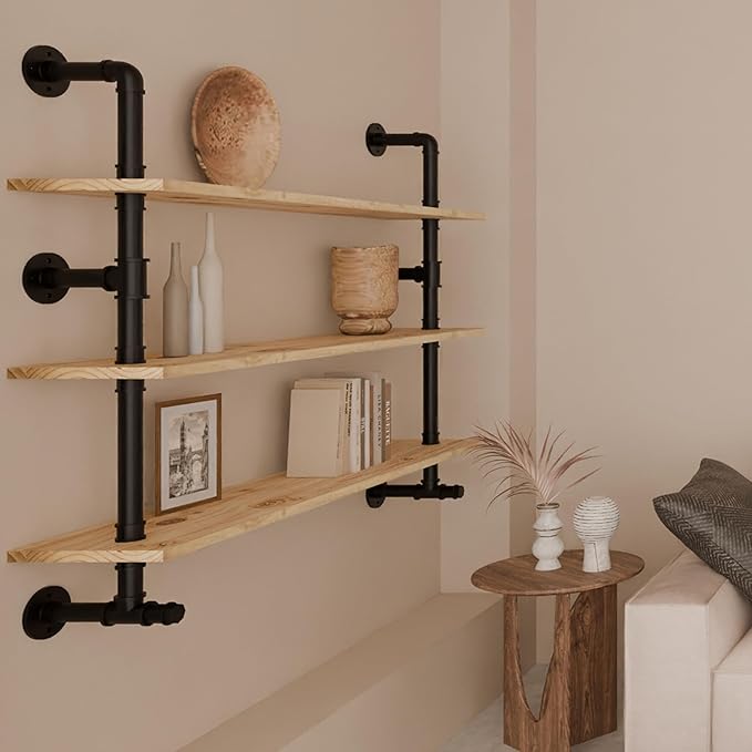 Industrial Pipe Wall Shelves Pipe Shelving with Real Wood Plank,48 Inches Floating Shelves for Wall Farmhouse Pipe Book Shelves Dark Brown 3 Tier for Kitchen,Living Room Decor and Bar Shelving-Ruum Studio Home