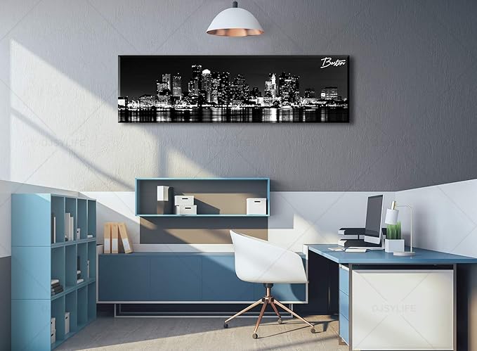 DJSYLIFE Boston Skyline Wall Art Canvas Wall Art Black and White Modern Panoramic Cityscape Pictures Paintings for Bedroom Office Decor, Ready to Hang 13.8"x47.3"-Ruum Studio Home