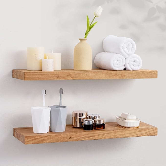 Axeman Floating Shelves for Wall, 24''W x 8'' D Rustic Solid Elm Wood Shelves for Storage, Wall Mounted Display Shelving with Invisible Heavy-Duty Metal Bracket (Natural, 2PCs)-Ruum Studio Home