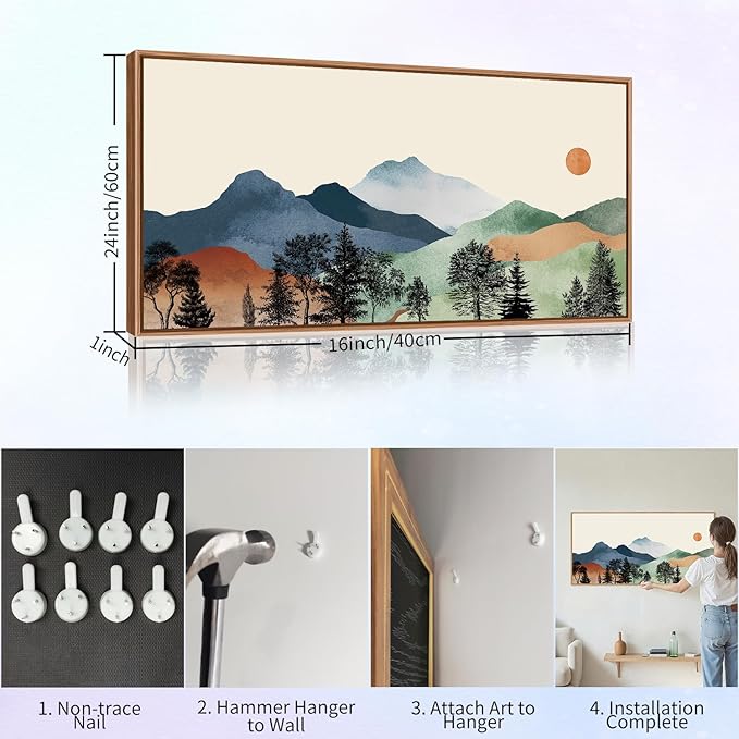 SIGNINART Large Boho Mountains Framed Canvas Wall Art, Watercolor Nature Landscape Art Prints, Neutral Modern Sunrise Art Paintings, Green Forest Wall Decor for Living Room, Bedroom, Office 20"x40"-Ruum Studio Home