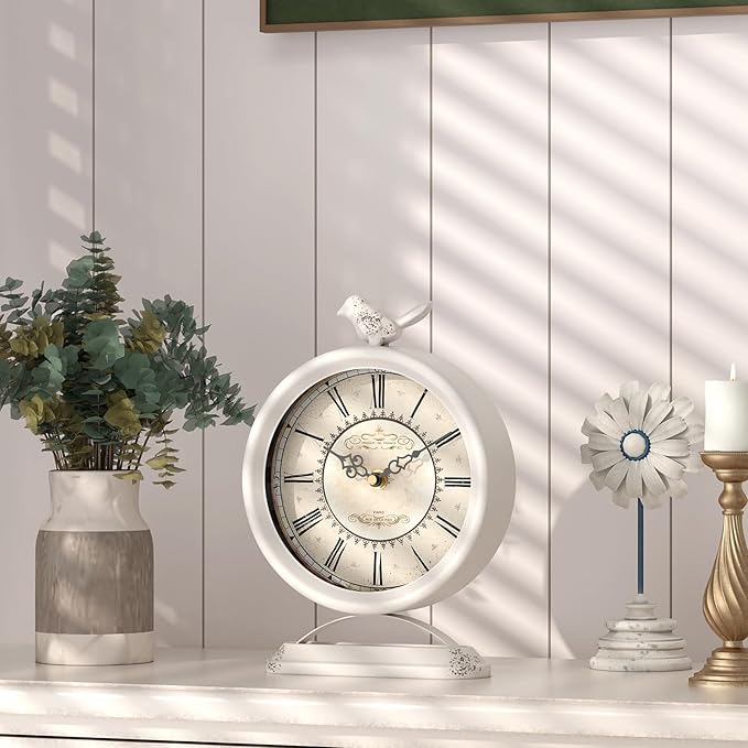 Vintage Table Clock with Bird, European Antique Style White Mantel Clocks, Desk and Shelf Decor Clock, for Farmhouse, Bedside, Living Room, Bedroom, Gift (9" H x 6.5" W)-Ruum Studio Home