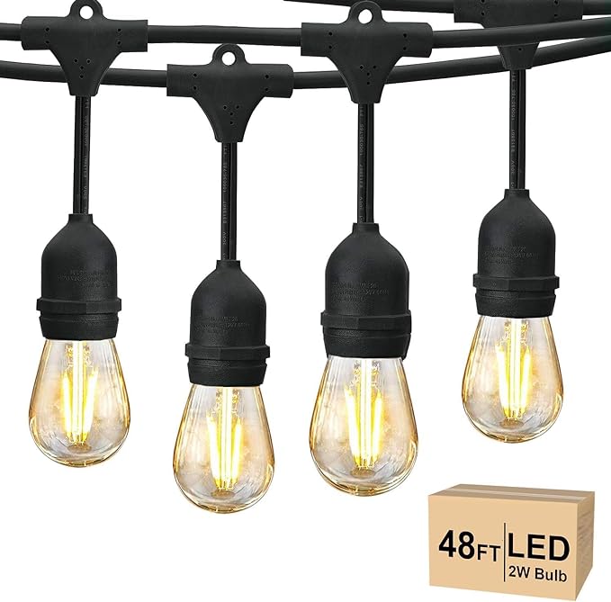 Svater 48 FT Outdoor String Lights 2W, Commercial Grade Patio Light with 15 pc Edison Shatterproof Bulbs, IP65 Waterproof LED Hanging Lighting for Bistro Cafe Market Outside Backyard, Warm White 2700K-Ruum Studio Home