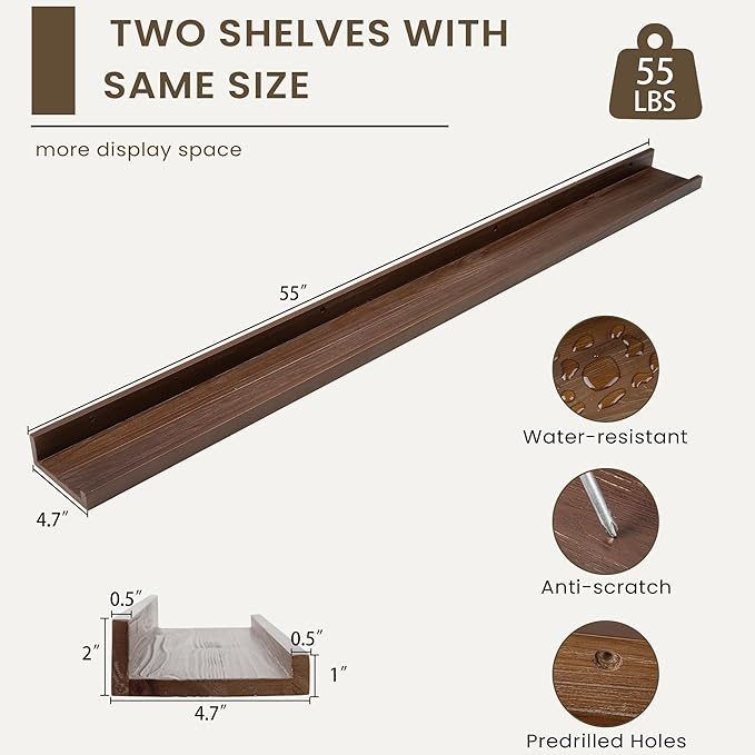 Floating Shelves for Wall, Picture Ledge Shelf 55 Inch Solid Wood Set of 2, Rustic Wall Shelves with Lip, Kids Bookshelf, Photo & Picture Live Edge Floating Shelves for Bedroom, Living Room, Kitchen-Ruum Studio Home