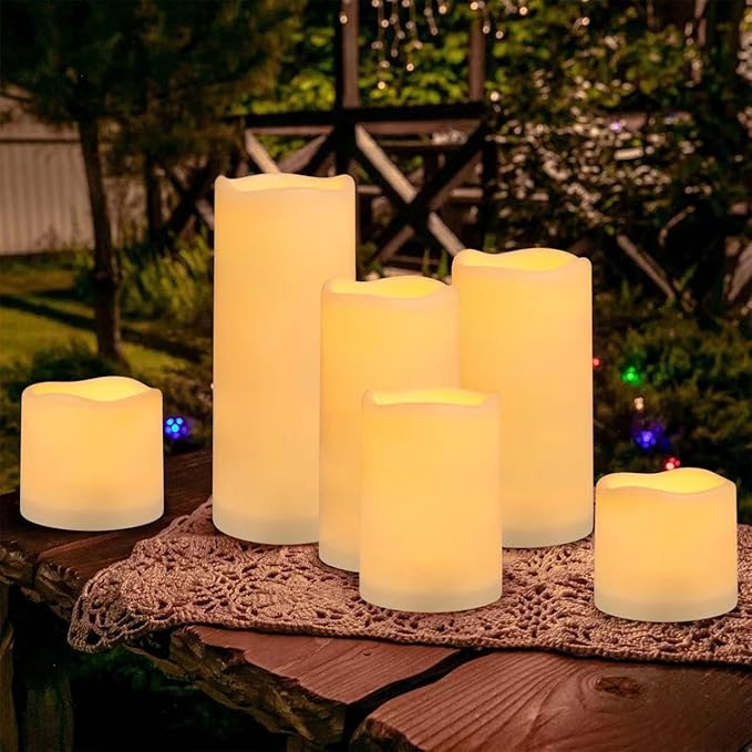 Flameless Battery Operated Outdoor Waterproof Set of 12(D: 3" x H: 3" 4" 5" 6") Pillar LED Candles with 10-Key Remote and Cycling 24 Hours Timer-Ruum Studio Home