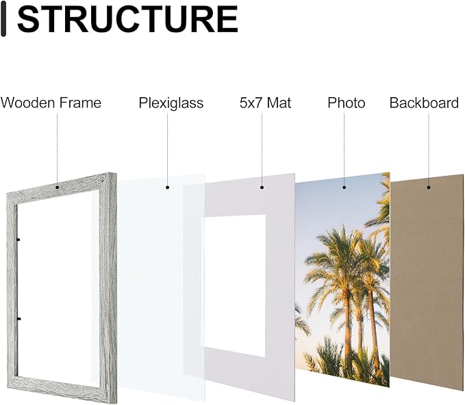 Vittanly 8x10 Picture Frames Set of 9, Shatter Resistant Plexiglass, Display 5x7 Pictures with Mat or 8x10 without Mat, Photo Frames for Wall or Tabletop, Engineered Wood, Grey-Ruum Studio Home