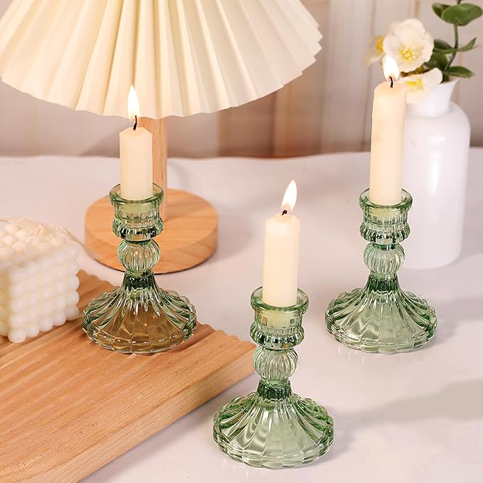 12PCS Green Candlestick Holders Set- 4" H Taper Candle Holders, Glass Candle Holders Bulk for Wedding, Party, Home Table Centerpieces, Festival Gifts & Windowsill Decor-Ruum Studio Home