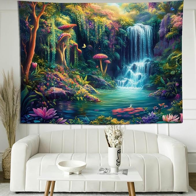 keowhsf Forest Waterfall Tapestry with Mushrooms and Flowers – Colorful Floral Plants Natural Landscape Wall Art, Fantasy Aesthetic Wall Hanging for Bedroom Decor-Ruum Studio Home