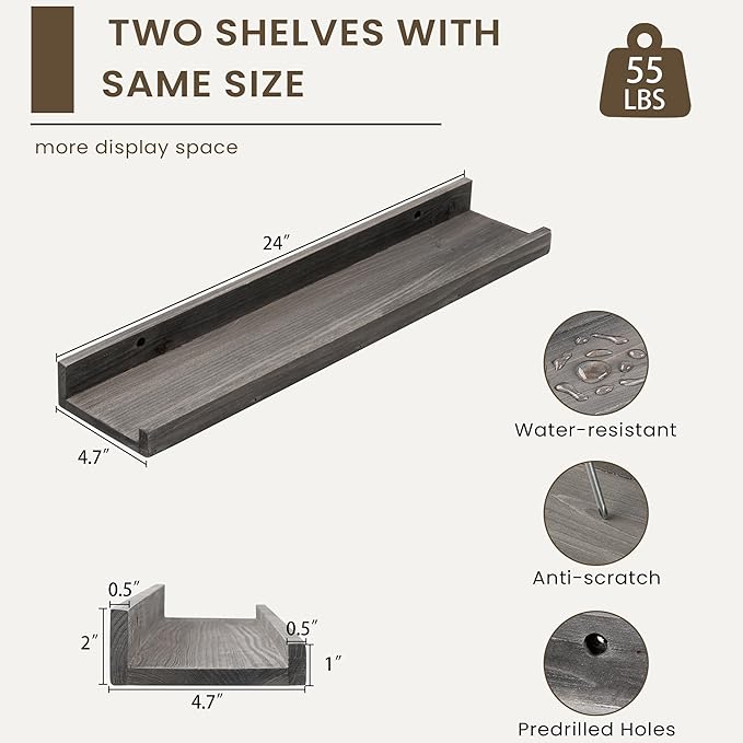 Floating Shelves for Wall, Picture Ledge Shelf 24 Inch Solid Wood Set of 2, Rustic Wall Shelves with Lip, Kids Bookshelf, Photo & Picture Live Edge Floating Shelves for Bedroom, Living Room, Kitchen-Ruum Studio Home