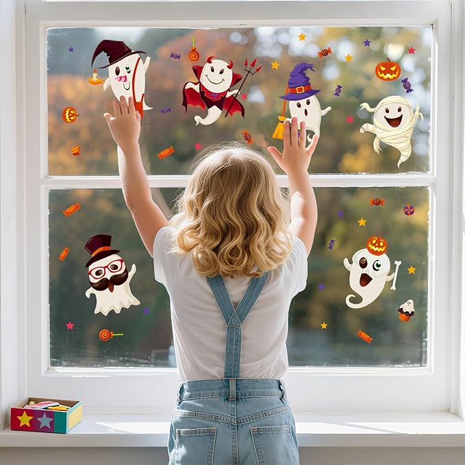 6 Sheet Halloween Stickers Clings Cute Ghost Decals Decor for Kids, Vintage Ghost Evil Pumpkin Reusable Window Stickers for Halloween Party Supplies Home Glass Decorations-Ruum Studio Home