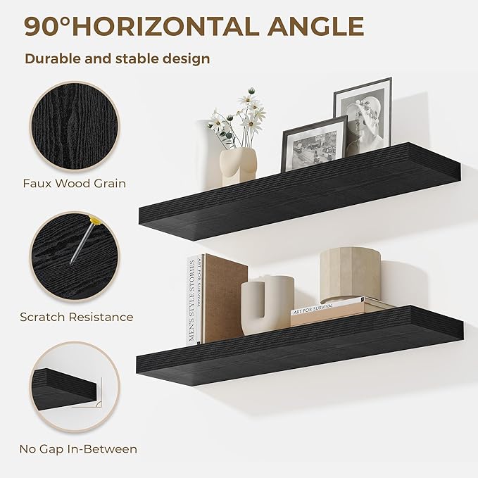 Dreamland 40 Inches Floating Shelves for Wall, 9.3" Deep Long Floating Shelves Set of 2, Large Display & Storage Shelf, Wall Shelf for Bathroom Bedroom Living Room Kitchen Office, Black-Ruum Studio Home