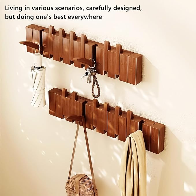 Wall Mounted Piano Key Hanger | Flip Style Hook | Entrance Wall Art Hook, Made of Oak Wood (3 Times Painted, 4 Times Polished) (Walnut, 6Hooks)-Ruum Studio Home
