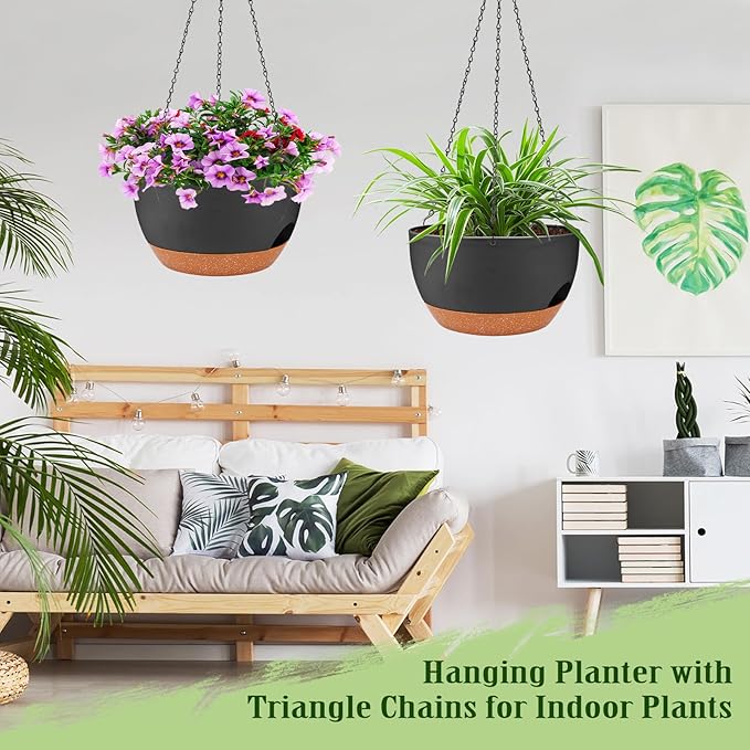 Hanging Planters for Outdoor Indoor Plants, 2 Pack 12 Inch Hanging Basket Plants Outdoor, Self Watering Hanging Planter with Plant Hanger for Garden Home Decoration (Black)-Ruum Studio Home