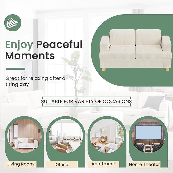 63" Corduroy Sofa Couch Loveseat for Living Room, Small Seep Seat Loveseat Sofa for Bedroom, Comfy Chenille Couch for Small Spaces, White Corduroy-Ruum Studio Home