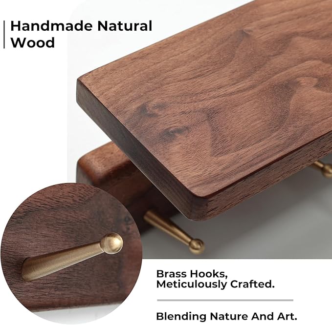 Shelf with Hooks, Solid Wood Bedroom Shelves for Wall, Wooden Coat Rack Wall Mount for Bathroom, Kitchen, Door Entryway (Walnut, 30cm/11.81inch)-Ruum Studio Home