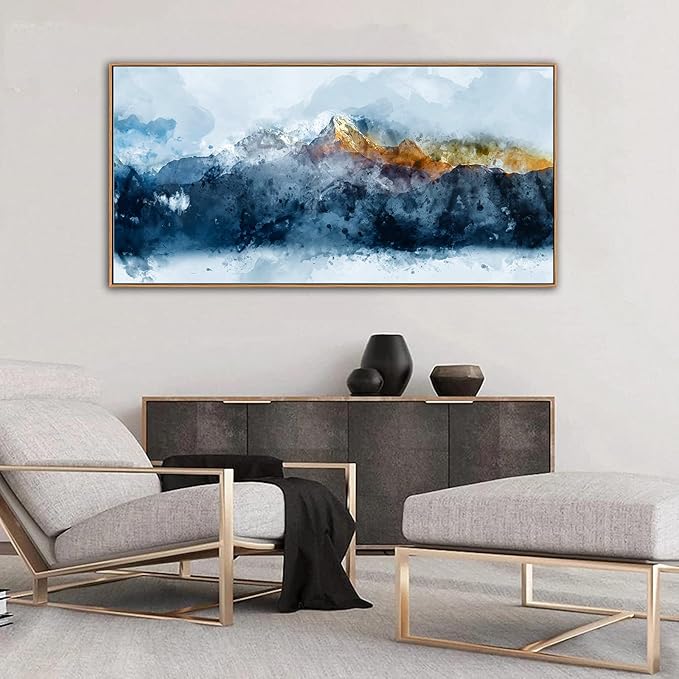 Framed Canvas Wall Art Indigo Abstract Mountain Pictures Wall Decor Blue Grey Orange Mountain Peaks Canvas Painting Prints Modern Abstract Artwork for Living Room Bedroom Decoration 29" X 58"-Ruum Studio Home