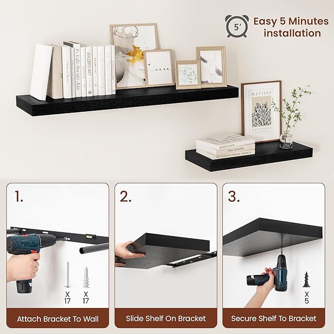 Black Floating Shelves for Wall 55 Inches Long, 12" Deep Wall Shelves 2" Thick, Heavy Duty Shelf for Bedroom, Bathroom, Living Room, Kitchen, Office, Home Decor, Modern Shelf Set of 2, 55" X 12" X 2"-Ruum Studio Home