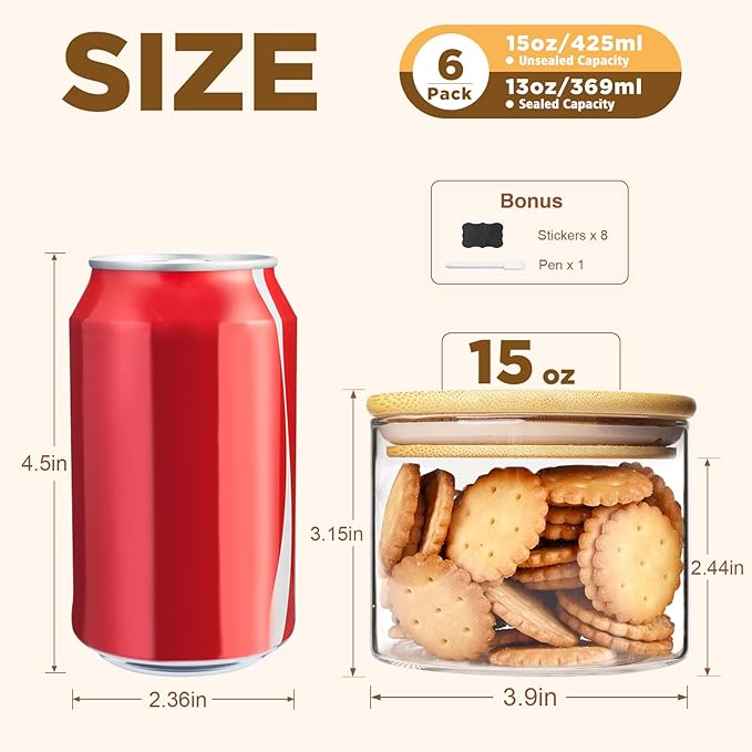 15oz Glass Food Storage Jars, Glass Jars with Bamboo Lids, Kitchen Storage Jars, Set of 6, Canisters with Airtight Lids for Spice, Coffee, Cookie, Pantry Organizers-Ruum Studio Home