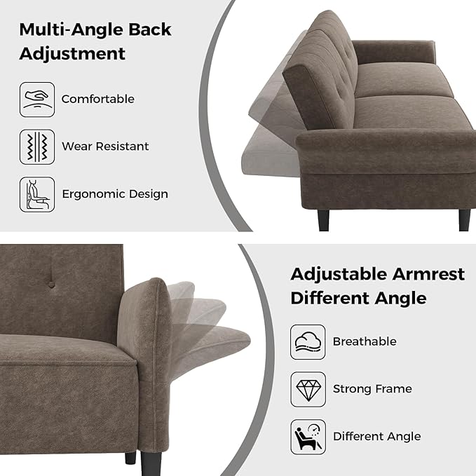 89” Futon Sofa Bed, Comfy Futon Couch Bed with 2 Square Pillows, Convertible Sleeper Sofa with Adjustable Backrest& Armrests, Modern Loveseat Sleeper for Living Room, Bedroom, Light Brown-Ruum Studio Home