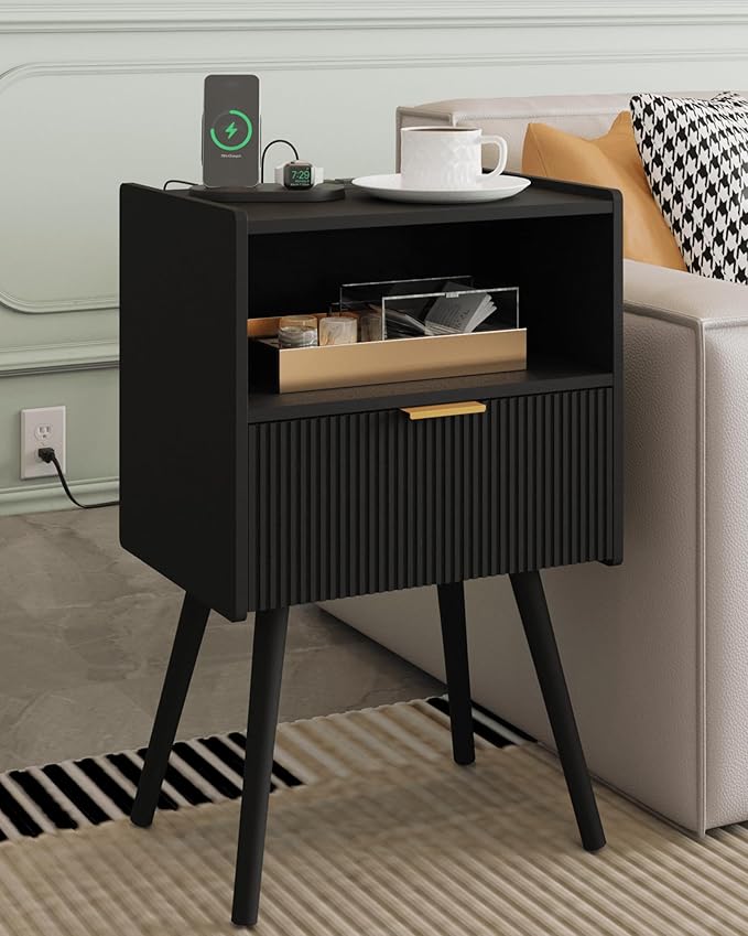 Nightstand,Modern Bedside Table with Storage Drawer and Open Wood Shelf, Accent Night Stand with Solid Wood Legs for Living Room, Bedroom and Small Spaces,Easy Assembly (Black-Outlet)-Ruum Studio Home