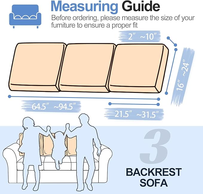 Large Backrest Cushion Covers Super Stretch Backrest Covers for 3 Cushion Couch Sofa, Couch Back Cushion Covers Featuring with Chenille Yarn (Softer Version, 3PC, Khaki)-Ruum Studio Home