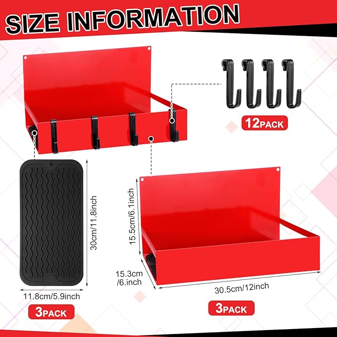 3 Pack Magnetic Garage Organizer Spice Rack for Refrigerator - 20 lb Capacity Shelf Hanging Heavy Duty Fridge Side for Organize Garage Tools, Red-Ruum Studio Home
