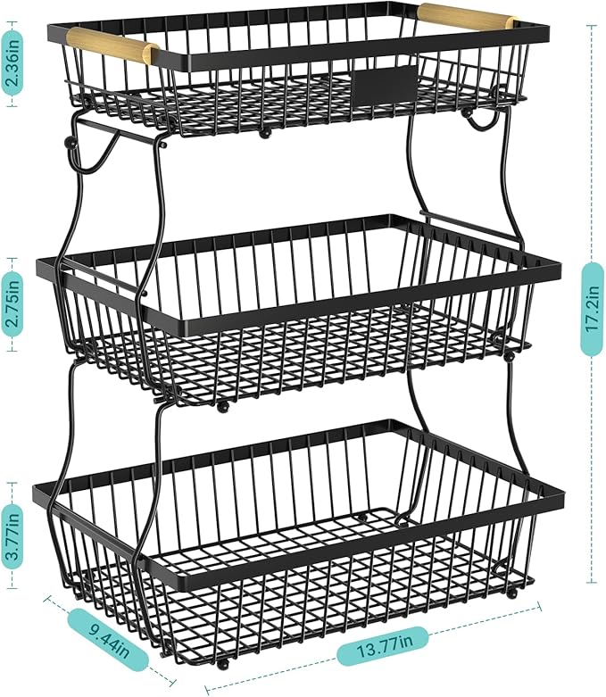 3 Tier Fruit Basket for Kitchen Counter with 2 Banana Hangers, Countertop Metal Fruit Bowl with Wooden Handle, Large Storage Stand for Vegetables, Snacks, Breads, Produce Storage – Black-Ruum Studio Home