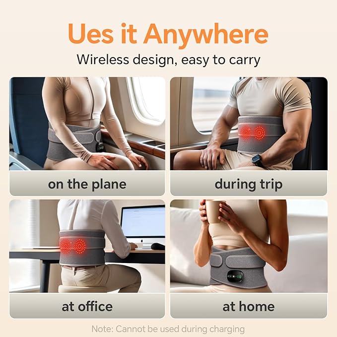 Heating Pad for Back, Lumbar Massager, Heated Waist Belt Wrap, Lower Back Pad with Heat Vibration 3 Levels Adjustable, 180 mins Battery, Cordless Portable, Touchscreen Control-Ruum Studio Home