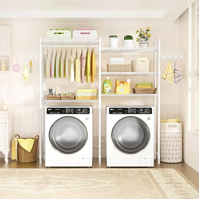 Ulif U6 Clothes Drying Rack, 5-Tier Over Washer and Dryer Laundry Room Storage and Organizer, Heavy-Duty Space Saver, 65.3" W x 13.4" D x 77.5" H, White-Ruum Studio Home