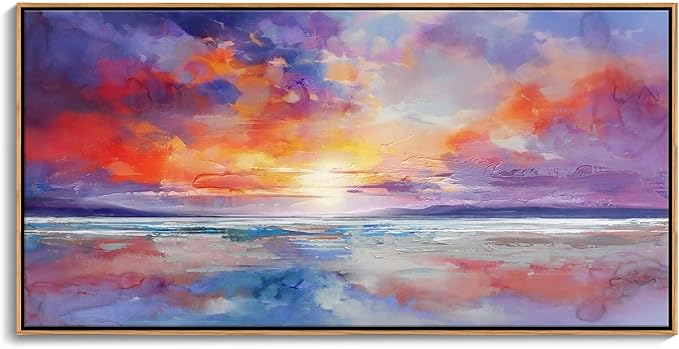 DUNHUANG ART Vibrant Orange Sunset Wall Art - Colorful Ocean Abstract Beach Decor for Living Room & Bathroom - Large Framed Coastal Seascape Picture - Ocean Sunrise Poster for Home Decoration 20"x40"-Ruum Studio Home