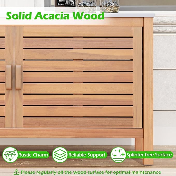 Goplus Patio Storage Cabinet, 2-Door Acacia Wood Storage Container with Faux Marble Top, Outdoor Wooden Sideboard for Deck, Garden, Lawn and Backyard-Ruum Studio Home