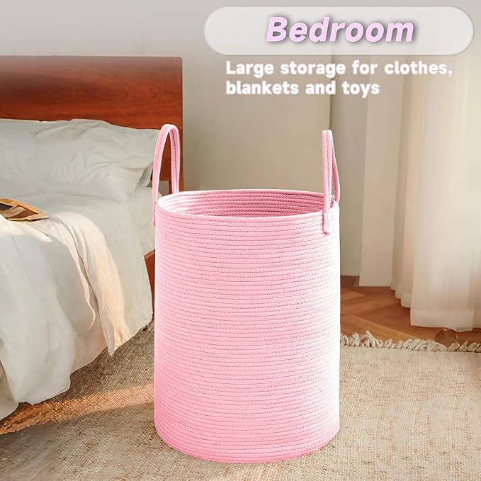 Large Woven Laundry Basket Hamper,100L Cotton Rope Storage Bin for Blankets,Toys and Clothes,Decorative Tall Nursery Hamper for Living Room,Baby Nursery,Bathroom and Bedroom,Pink-Ruum Studio Home