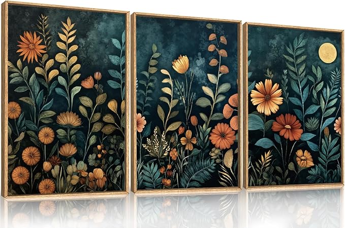 Celestdeco Vintage Dark Botanical Framed Canvas Wall Art Set, Colorful Floral Wall Decor, Nature Wildflower Wall Painting, Colorful Blossom Art Prints for Living Room, Bedroom, Office - 24"X36"X3-Ruum Studio Home
