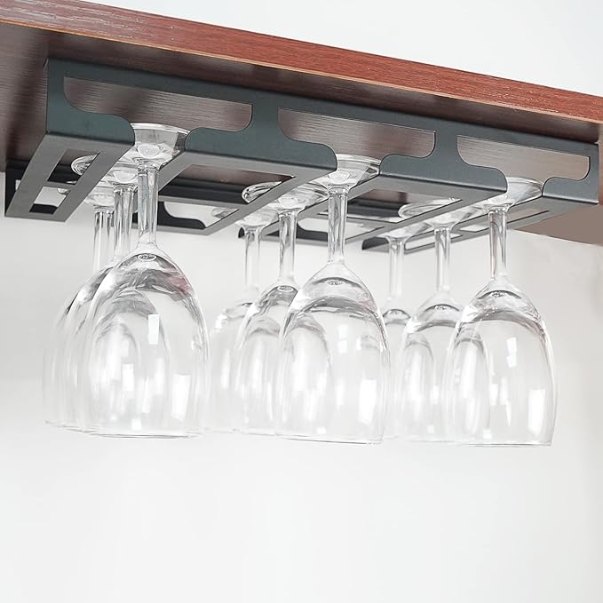 Wine Glass Rack - Under Cabinet Stemware Wine Glass Holder Glasses Storage Hanger Metal Hanging Organizer for Bar Kitchen 3 Rows Black-Ruum Studio Home