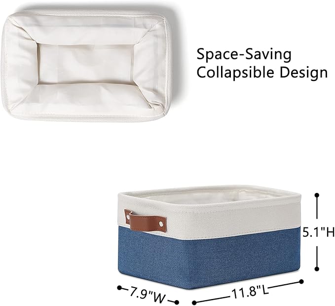 DULLEMELO Set of 6 Small Baskets for Organizing, Small Fabric Storage Bins for Toys Storage, Collapsible Storage Bins with Leather Handles for Shelves, Closets, Laundry, Nursery(White&Blue)-Ruum Studio Home