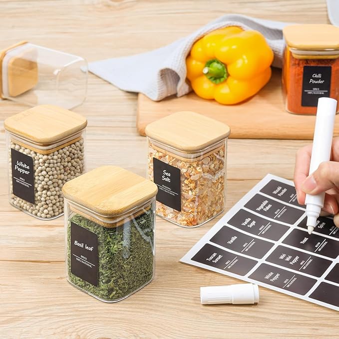 ComSaf 6Pcs 6 oz Spice Jars with Label Trial Set, Glass Spice Jars with Bamboo Lids Supplementary Set, Seasoning Container Trial Pack, Perfect for Ktichen Starter-Ruum Studio Home