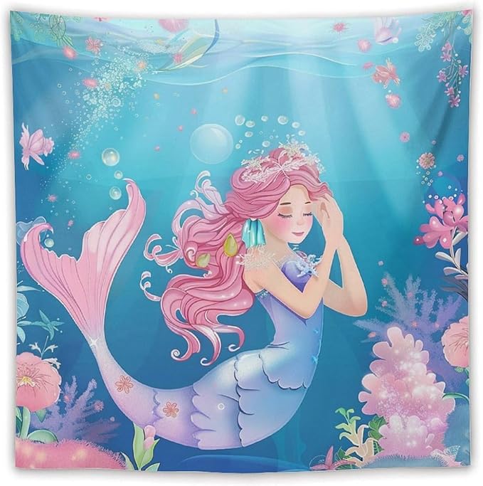 HZOHNAGO Mermaid Girls Tapestry Watercolor Flowers Mermaid Princess Blessing Pattern for Kids Room Decoration Printed Wall Tapestry Wall Hanging for Bedroom Living Room Dorm 60" W x 60" H-Ruum Studio Home