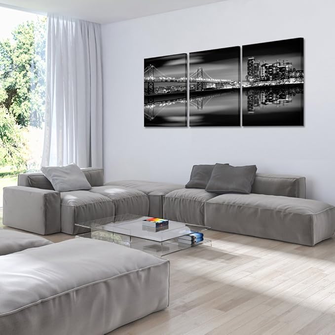 KREATIVE ARTS - San Francisco Bay at Night in Black and White Bridge 3 Panels Modern Landscape Artwork Canvas Prints Cityscape Pictures Paintings on Canvas Wall Art for Home Decor (16x24inchx3pcs)-Ruum Studio Home