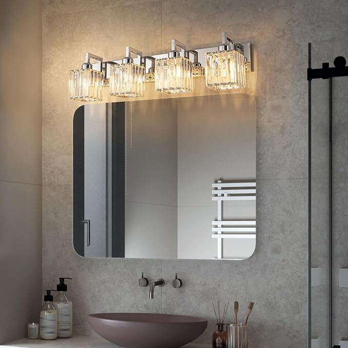 Modern Bathroom Vanity Light 4-Lights Chrome Crystal Wall Lamp Bathroom Modern Crystal Vanity Lighting-Ruum Studio Home