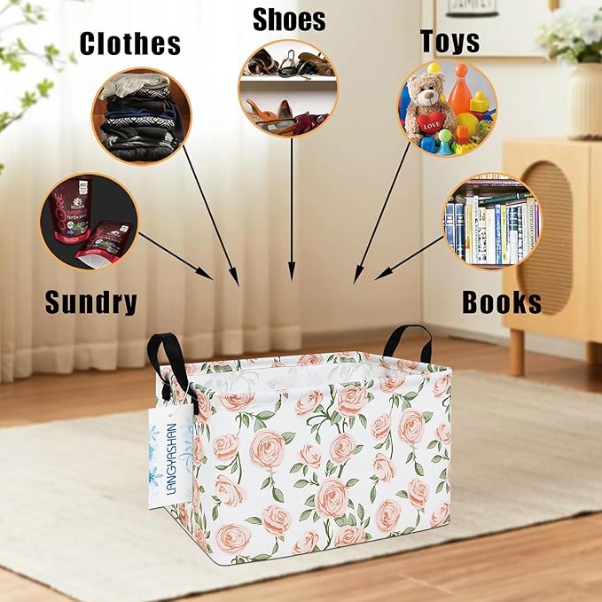 LANGYASHAN Rectangular Storage Bin Collapse Canvas Fabric Cartoon Storage Basket with Handles for Organizing Home Kitchen Boys and Girls Toys Office Closet Shelf Baskets (Rec Champagne Rose)-Ruum Studio Home