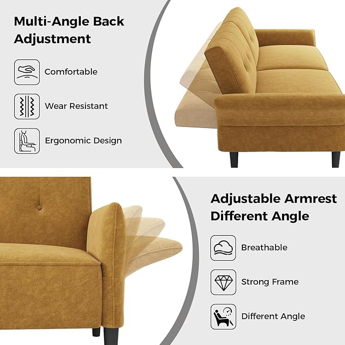 89” Futon Sofa Bed,Comfy Futon Couch Bed with 2 Square Pillows, Convertible Sleeper Sofa with Adjustable Backrest& Armrests, Modern Loveseat Sleeper for Living Room, Bedroom, Yellow-Ruum Studio Home