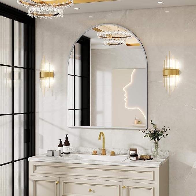 BEAUTYPEAK 32"x42" Arch Bathroom Mirror, Wall Mounted Vanity Metal Frame Mirror for Bedroom, Entryway, Living Room, Silver-Ruum Studio Home