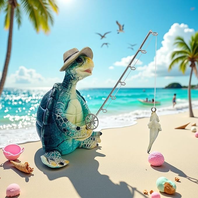 Turtle Fishing Decor, Summer Garden Statues, Nautical Coastal Beach Decorations, Home Office Decor Gifts, Bookshelf Desk Bathroom Tabletop Statue Ornament (Turtle Fishing)-Ruum Studio Home