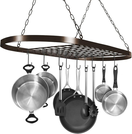Sorbus Pot and Pan Rack for Ceiling 31" with 10 S Hooks — Decorative Oval Mounted Storage Rack — Multi-Purpose Organizer Great for Home, Restaurant, Kitchen Cookware, Utensils, Books, (Bronze)-Ruum Studio Home