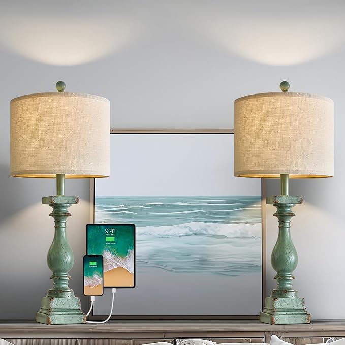 BOBOMOMO 27" Farmhouse Table Lamp Set of 2 with USB A+C for Bedroom Living Room Vintage Rustic Traditional Nightstand Bedside Lamps Retro Side Table Lamps (Green)-Ruum Studio Home