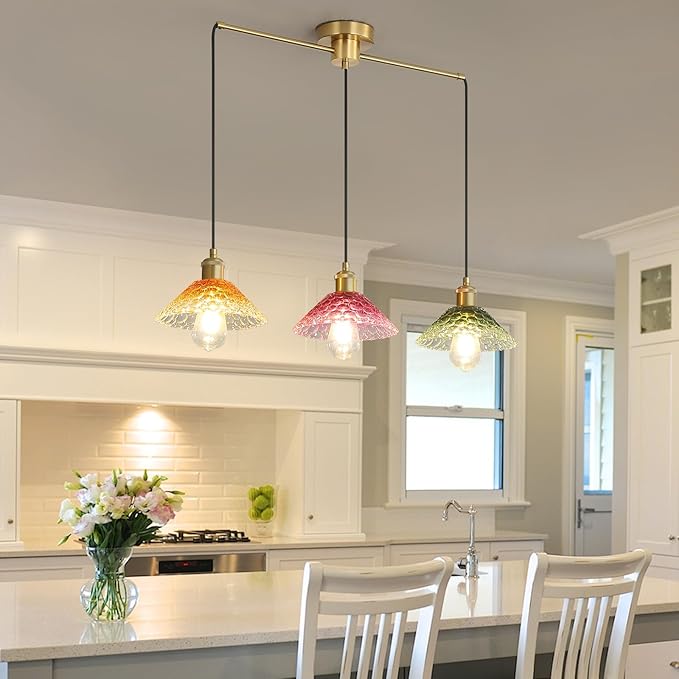 3-Light Pendant Lights Kitchen Island, Ceiling Hanging Lighting Fixtures, Colorful Vintage Glass Shade Pendants, Modern Gold Dining Room Chandeliers Height Adjustable for Farmhouse Living Room-Ruum Studio Home